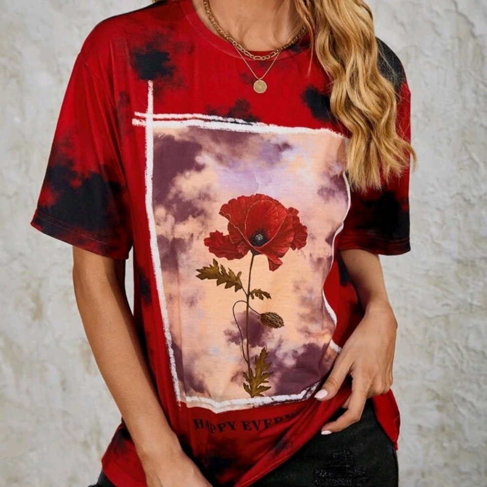 SHEIN LUNE Tie Dye Slogan & Floral Print Drop Shoulder Tee